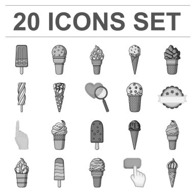 Farklı dondurma set koleksiyonu tasarım için tek renkli simgeler. Tatlı ve tatlılık sembol stok web illüstrasyon vektör.