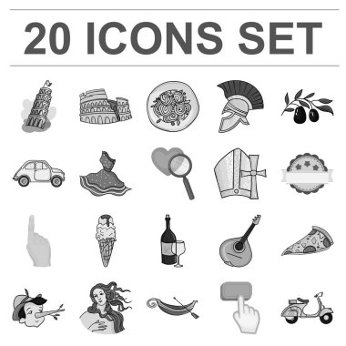 Ülke İtalya set koleksiyonu tasarım için tek renkli simgeler. İtalya ve dönüm noktası sembol stok web illüstrasyon vektör.