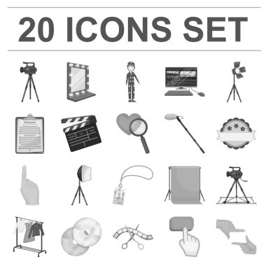 Film tek renkli simgeler set koleksiyonu tasarım için yapma. Öznitelikleri ve ekipman sembol stok web illüstrasyon vektör.