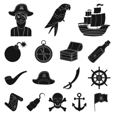Korsan, deniz soyguncu siyah simgeler set koleksiyonu tasarım için. Hazineler, öznitelikleri sembol stok web illüstrasyon vektör.