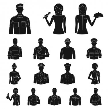 Set koleksiyonu tasarım için simgeler siyah insanlar farklı meslekler. İşçi ve uzman sembol stok web illüstrasyon vektör.