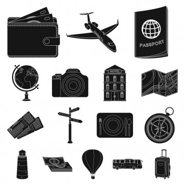 Dinlenmek ve siyah simgeler set koleksiyonu tasarım için seyahat. Ulaşım, turizm sembol stok web illüstrasyon vektör.