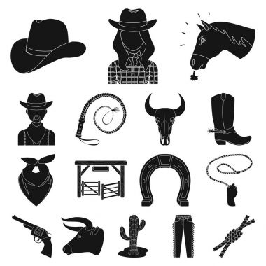 Rodeo, rekabet siyah set koleksiyonu tasarım için simgeler. Kovboy ve ekipman sembol stok web illüstrasyon vektör.