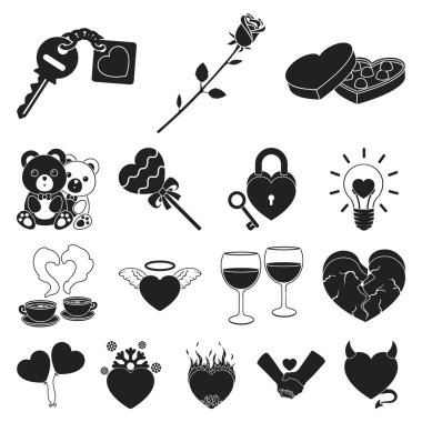 Set koleksiyonu tasarım için romantik ilişki siyah simgeler. Sevgi ve dostluk sembolü hisse senedi web illüstrasyon vektör.