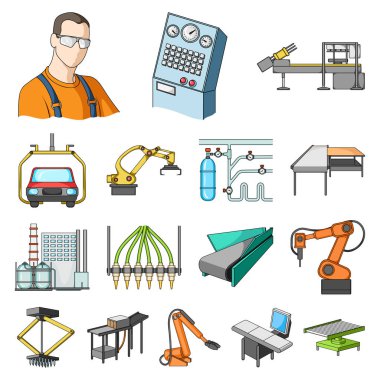Ekipman ve makine karikatür simgeleri set koleksiyonu tasarım için. Fabrika vektör simge stok web çizim teknik ilerleme.