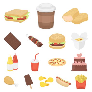 Fast food çizgi film set koleksiyonu tasarım için simgeler. Yarı bitmiş ürünler gıdalardan sembol stok web illüstrasyon vektör.