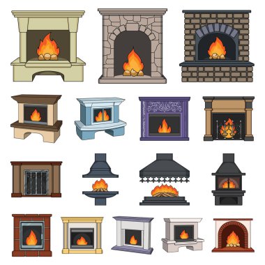 Şömine çeşitleri set koleksiyonu tasarım için simgeleri karikatür. Şömineler inşaat vektör simge stok web çizimi.