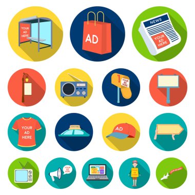 Set koleksiyonu tasarım için düz simgeler reklam üretim. Reklam donanımları vektör simge stok web çizim.