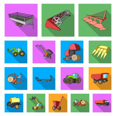 Tarım makineleri set koleksiyonu tasarım için düz simgeler. Ekipman, cihaz ve sembol stok web illüstrasyon vektör.