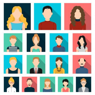 Avatar ve yüz düz simgeler set koleksiyonu tasarım için. Bir kişi görünümü vektör simge stok web çizim.