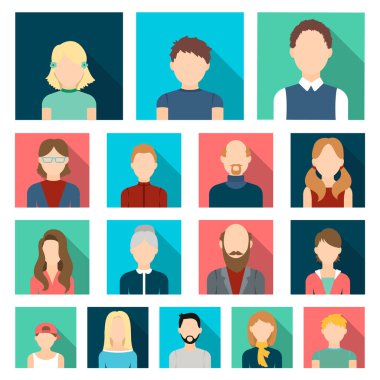 Avatar ve yüz düz simgeler set koleksiyonu tasarım için. Bir kişi görünümü vektör simge stok web çizim.