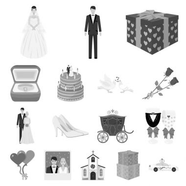 Düğün ve öznitelikler tek renkli simgeler set koleksiyonu tasarım için. Sembol stok web illüstrasyon vektör yeni evliler ve aksesuarları.