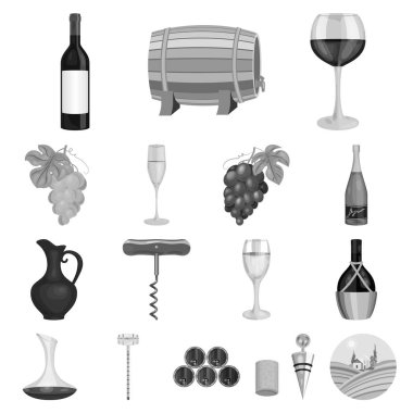 Şarap ürünleri set koleksiyonu tasarım için tek renkli simgeler. Sembol stok web illüstrasyon vektör ekipman ve şarap üretimi.