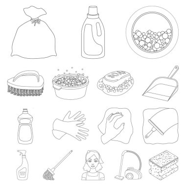 Temizlik ve hizmetçi set koleksiyonu tasarım için simgeleri anahat. Vektör simge stok web illüstrasyon Temizleme için donatım.