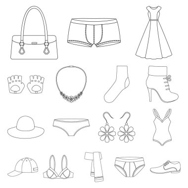 Giysi ve aksesuarları set koleksiyonu tasarım için simgeleri anahat. Ayakkabı ve dekorasyon sembol stok web illüstrasyon vektör.