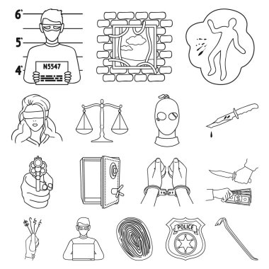 Suç ve ceza set koleksiyonu tasarım için simgeleri anahat. Suç vektör simge stok web çizim.