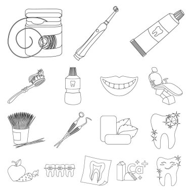 Diş Bakımı anahat simgeleri set koleksiyonu tasarım için. Diş vektör simge stok web illüstrasyon bakım.