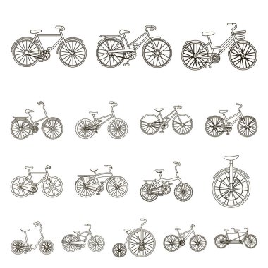 Çeşitli Bisiklet set koleksiyonu tasarım için simgeleri anahat. Ulaşım vektör simge stok web örnek tür.