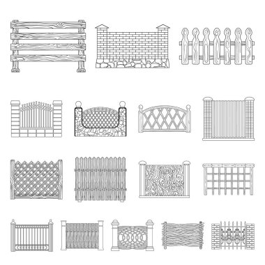 Set koleksiyonu tasarım için farklı çit anahat simgeleri. Dekoratif eskrim sembol stok web illüstrasyon vektör.