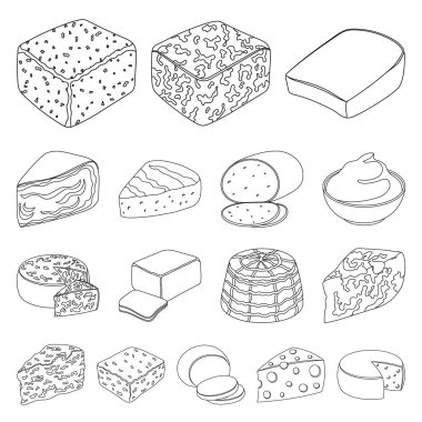 Farklı tür bir peynir anahat simgeleri design.Milk ürün peynir vektör simge stok web çizim için küme toplama.