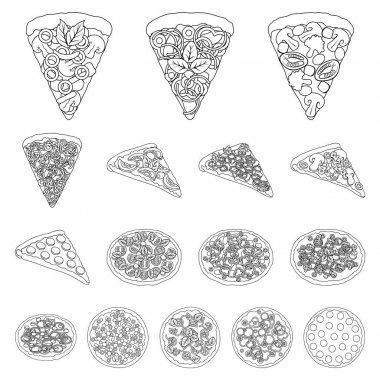 Set koleksiyonu tasarım için farklı pizza anahat simgeleri. Pizza yemek vektör simge stok web çizim.