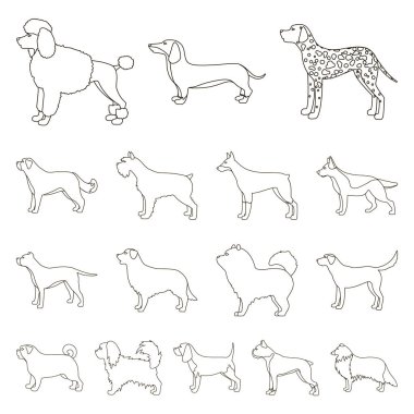 Köpek ırkları set koleksiyonu tasarım için simgeleri anahat. Köpek evde beslenen hayvan vektör simge stok web çizim.