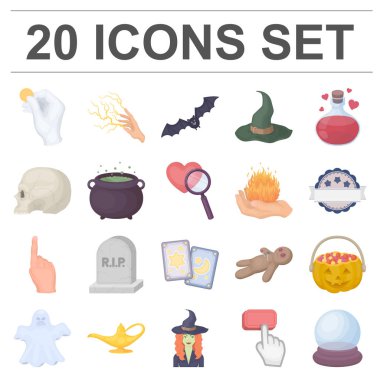 çizgi film ve white magic set koleksiyonu tasarım için simgeleri karikatür. Sembol stok web illüstrasyon vektör öznitelikleri ve büyücü aksesuarları.