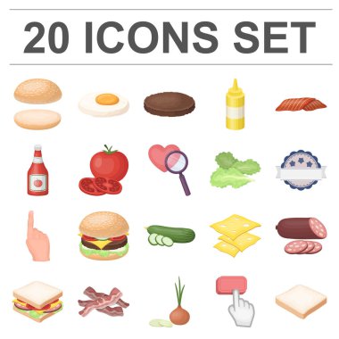 Burger ve malzemeler set koleksiyonu tasarım için simgeleri karikatür. Vektör simge stok web illüstrasyon pişirme Burger.