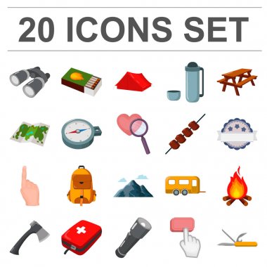 Set koleksiyonu tasarım için kamp karikatür Icons bekletin. Kamp ve ekipman sembol stok web illüstrasyon vektör.