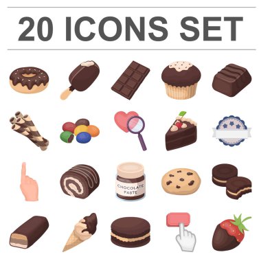 Set koleksiyonu tasarım için çikolata tatlı karikatür simgeler. Çikolata ve şekerleme vektör simgesi web illüstrasyon stok.