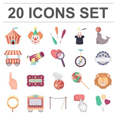 Sirk ve öznitelikleri set koleksiyonu tasarım için simgeleri karikatür. Sirk sanat vektör simge stok web çizim.