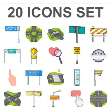 Yol kavşak ve işaretler set koleksiyonu tasarım için simgeleri karikatür. Yaya geçitleri ve işaretler sembol stok web illüstrasyon vektör.