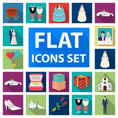 Düğün ve öznitelikleri set koleksiyonu tasarım için simgeleri düz. Sembol stok web illüstrasyon vektör yeni evliler ve aksesuarları.