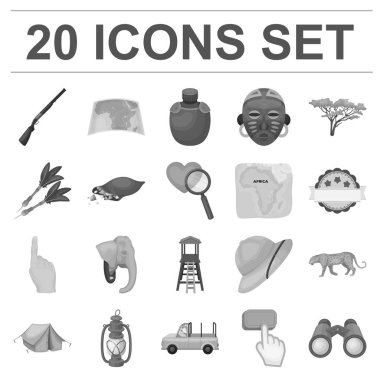 Afrika Safari set koleksiyonu tasarım için tek renkli simgeler. Sembol stok web illüstrasyon vektör kupa ve Safari için donatım.