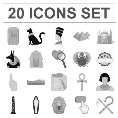 Antik Mısır tek renkli simgeler set koleksiyonu tasarım için. Firavun saltanatı sembol stok web illüstrasyon vektör.