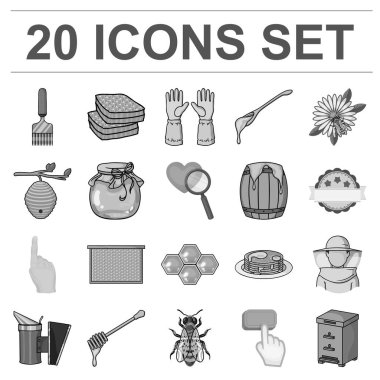 Arı kovanı ve arıcılık tek renkli simgeler set koleksiyonu tasarım için. Ekipman ve bal üretim sembol stok web illüstrasyon vektör.