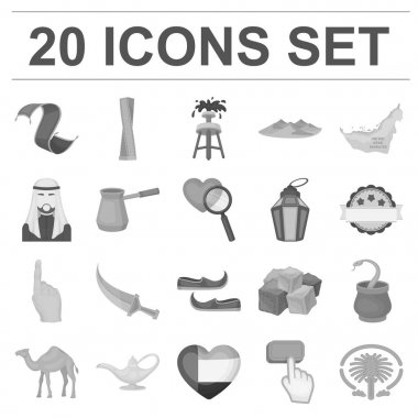 Ülke Birleşik Arap Emirlikleri set koleksiyonu tasarım için tek renkli simgeler. Turizm ve cazibe simge stok web illüstrasyon vektör.