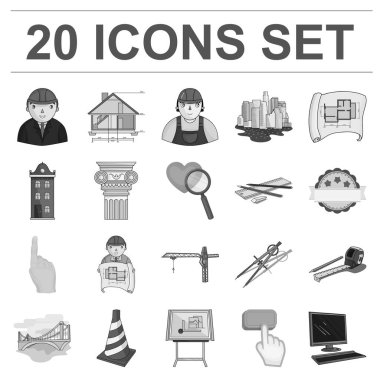 Mimarlık ve inşaat tek renkli simgeler set koleksiyonu tasarım için. Mimar ve ekipman sembol stok web illüstrasyon vektör.