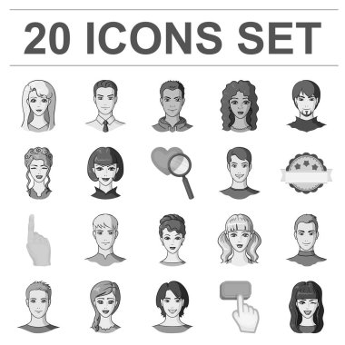 Avatar ve yüz tek renkli simgeler set koleksiyonu tasarım için. Bir kişi görünümü vektör simge stok web çizim.