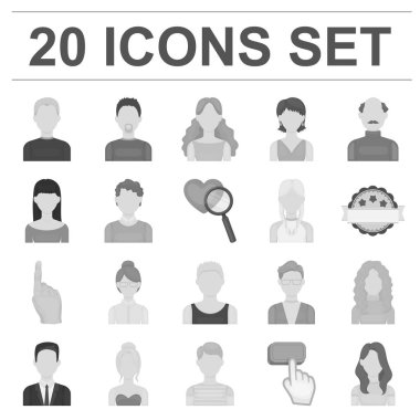 Avatar ve yüz tek renkli simgeler set koleksiyonu tasarım için. Bir kişi görünümü vektör simge stok web çizim.