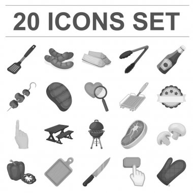 Barbekü ve ekipman tek renkli simgeler set koleksiyonu tasarım için. Piknik ve kızartmaları sembol stok web illüstrasyon vektör.