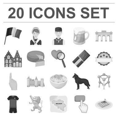 Ülke Belçika set koleksiyonu tasarım için tek renkli simgeler. Seyahat ve konumlar Belçika sembol stok web illüstrasyon vektör.