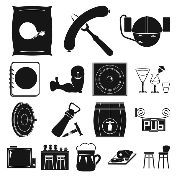 Pub, interieur en materiaal van zwarte pictogrammen in set collectie voor design. Alcohol en voedsel symbool voorraad web vectorillustratie. — Stockvector