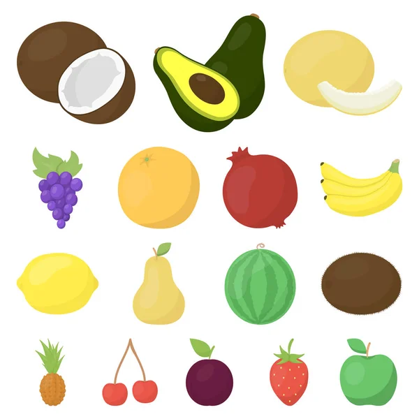 Ícones de desenhos animados de frutas diferentes na coleção de conjuntos para design. Frutas e vitaminas símbolo vetorial ilustração web . — Vetor de Stock
