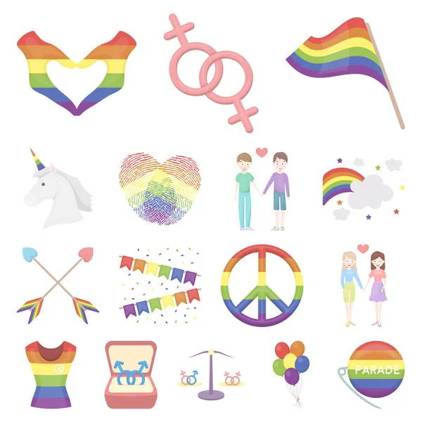 Gay et lesbienne dessin animé icônes dans set collection pour design.Sexual minorité et attributs vectoriel symbole stock web illustration . — Image vectorielle