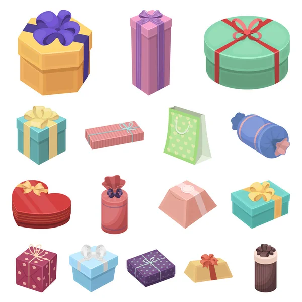 Gift en verpakking cartoon pictogrammen in set collectie voor design. Kleurrijke verpakking symbool voorraad web illustratie vector. — Stockvector