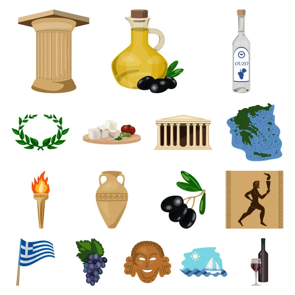 Χώρα Ελλάδα κινουμένων σχεδίων εικονίδια στη συλλογή σετ για σχεδιασμό. Ελλάδα και ορόσημο σύμβολο μετοχής web εικονογράφηση διάνυσμα. — Διανυσματικό Αρχείο