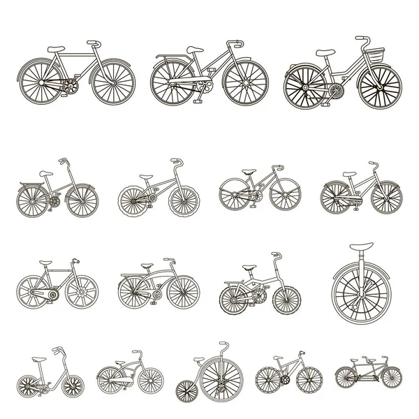 Διάφορα ποδήλατα περίγραμμα εικονίδια στη συλλογή σετ για σχεδιασμό. Το είδος της μεταφοράς διάνυσμα σύμβολο μετοχής web εικονογράφηση. — Διανυσματικό Αρχείο