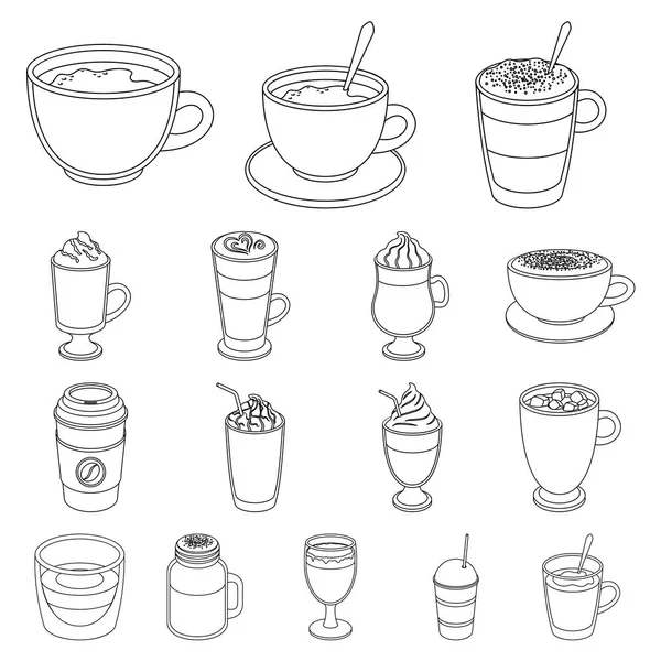 Diferentes tipos de iconos de contorno de café en la colección de conjuntos para el diseño. Bebida de café vector símbolo stock web ilustración . — Archivo Imágenes Vectoriales