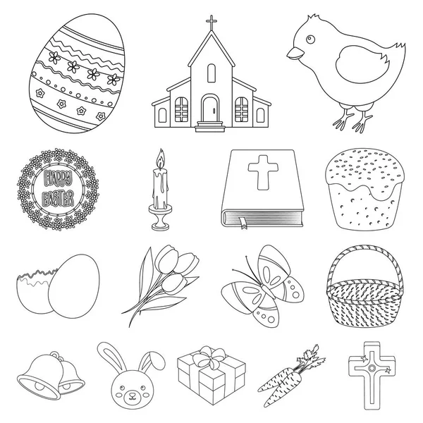 Páscoa é um feriado cristão ícones esboço na coleção de conjuntos para o design. Atributos de Páscoa símbolo vetorial ilustração web . — Vetor de Stock